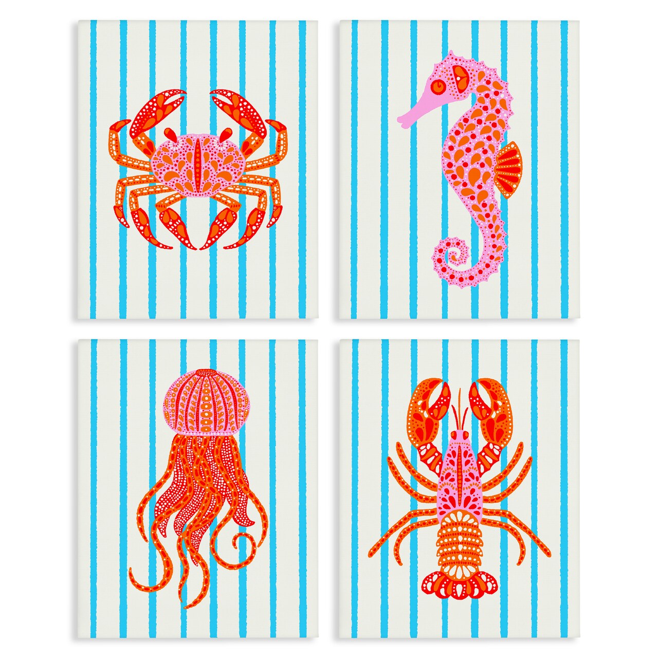 Stupell Industries Bright Sea Creatures on Stripes 4pc Canvas Set, design by Indira Prieto | IndySign